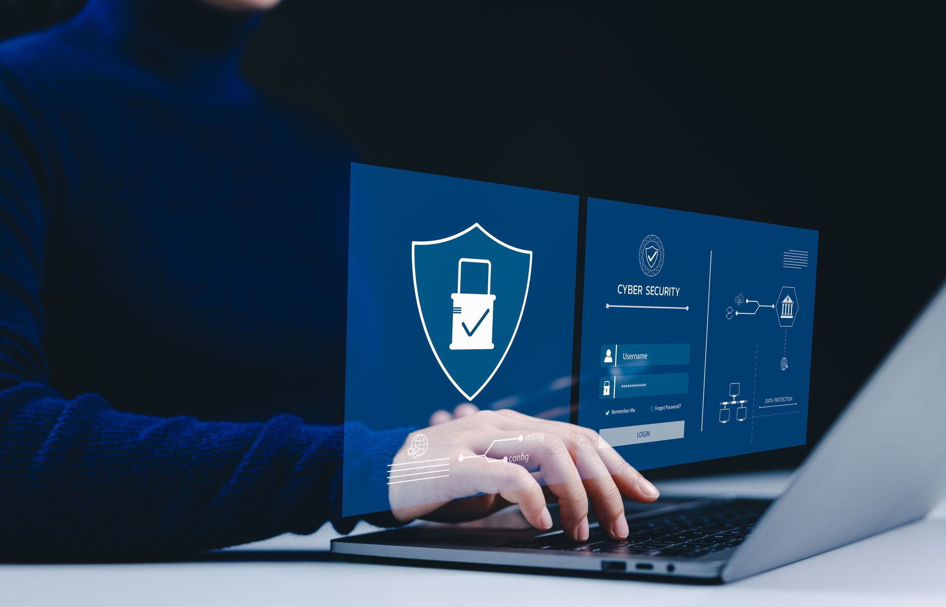 Cybersecurity protection and data security concept. Digital icons represent cyber security, data protection, encryption, and secure access. online security, privacy, defense against cyber threats,