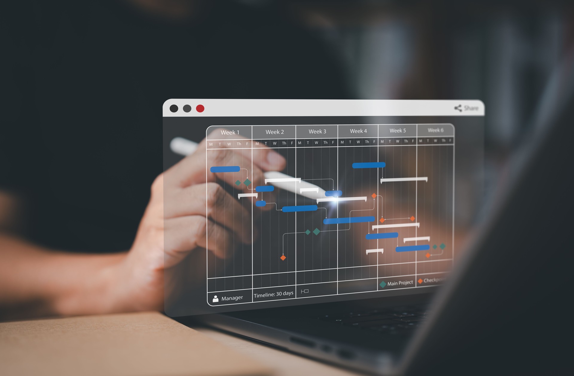 Manager working with Gantt chart schedule table to plan tasks and deliverable. Scheduling activities with milestone planning software. Corporate strategy for sales, marketing, finance, and operations.